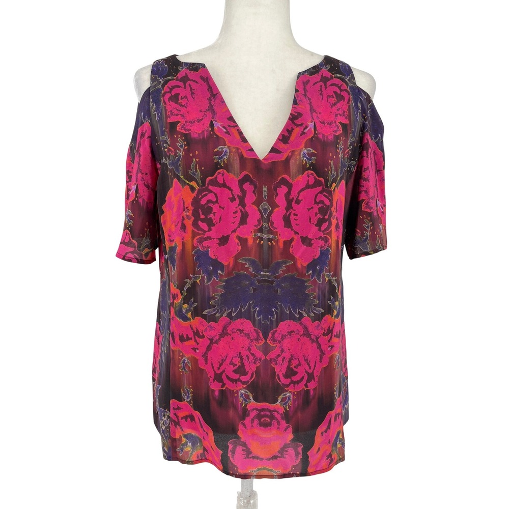 Nanette Lepore Pink Purple‎ Floral 100% Silk Cold Shoulder V-Neck Blouse Size 6